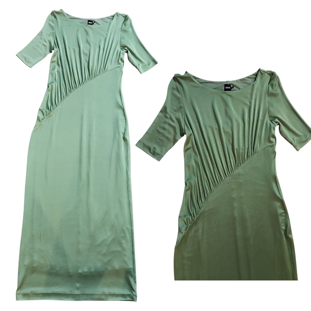 NWT Hugo Boss Etalicy Green Midi Dress Ruched XS - Picture 6 of 10